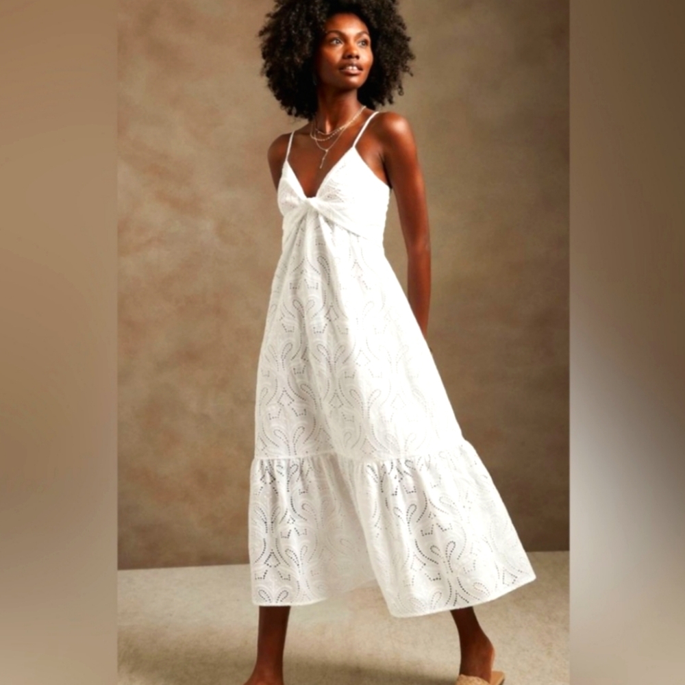 Banana Republic Size Petite Small White Eyelet Twist Front Midi Dress